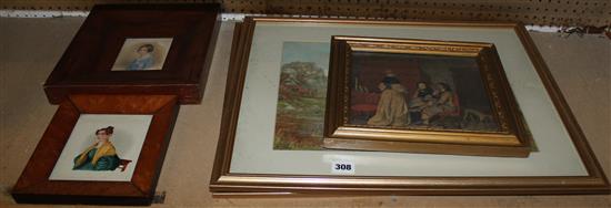 Two Victorian watercolours of ladies and an interior scene and pair of prints (5)